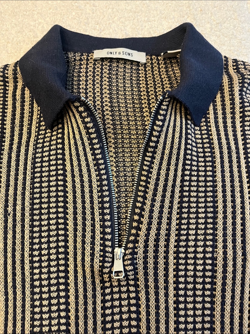 ONLY & SONS Navy and Tan Striped Polo Knit Top